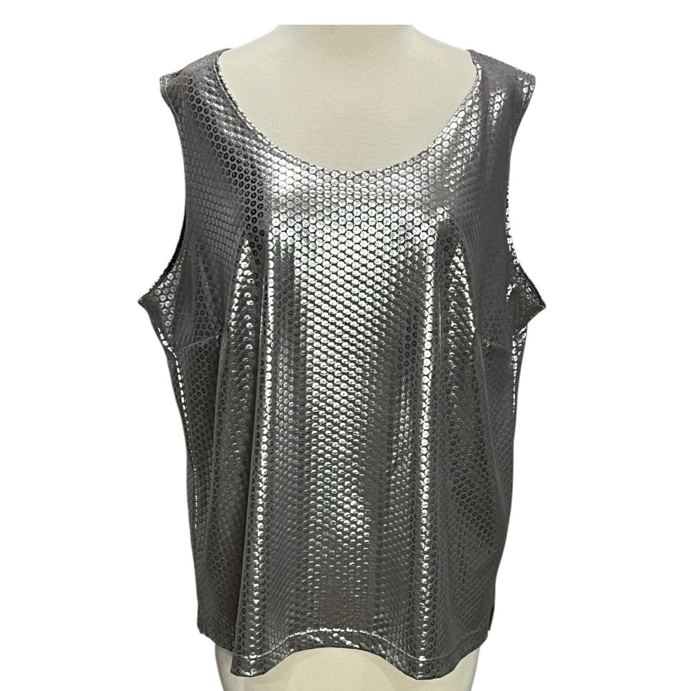 Slinky Brand Metallic Silver Tank Top 1X Sleeveless Shimmer Party Chic Y2K USA